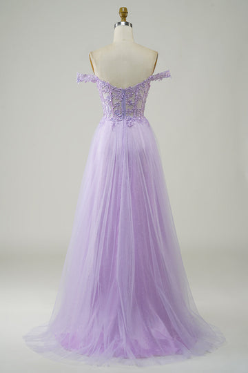 Purple Corset A-Line Long Tulle Ball Dress with Lace